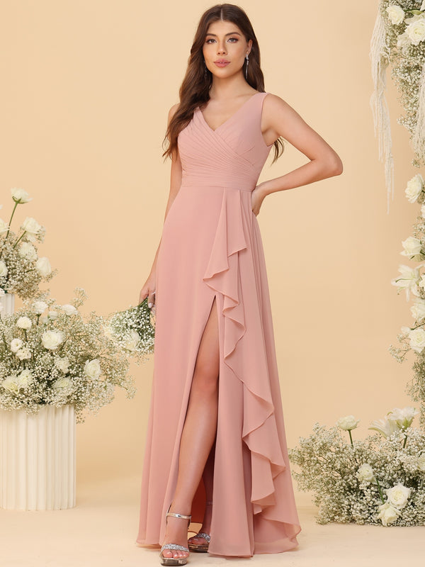 A-Line/Princess V-Neck Ruched Floor-Length Bridesmaid Dresses with Ruffle Slit