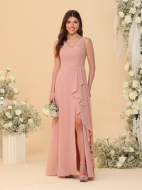 A-Line/Princess V-Neck Ruched Floor-Length Bridesmaid Dresses with Ruffle Slit