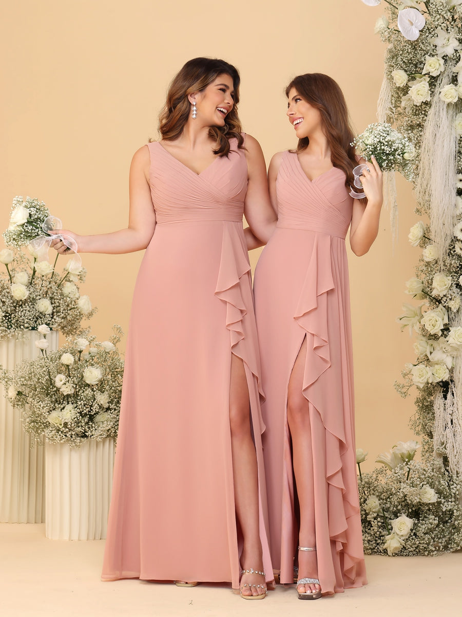 A-Line/Princess V-Neck Ruched Floor-Length Bridesmaid Dresses with Ruffle Slit