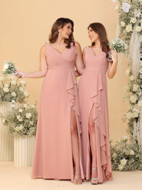 A-Line/Princess V-Neck Ruched Floor-Length Bridesmaid Dresses with Ruffle Slit