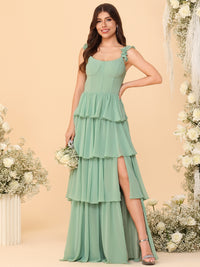 A-Line/Princess Ruffle Sleeve Tiered Floor-Length Bridesmaid Dresses with Split
