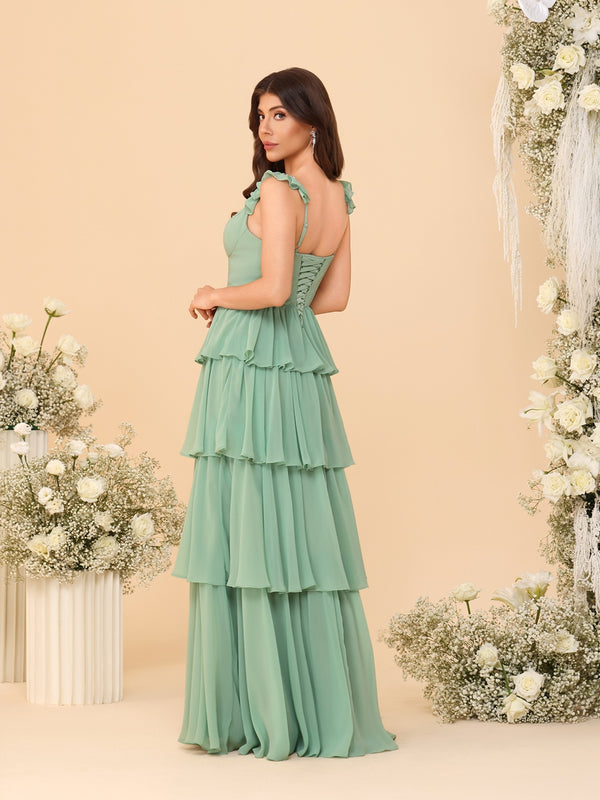A-Line/Princess Ruffle Sleeve Tiered Floor-Length Bridesmaid Dresses with Split