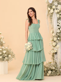 A-Line/Princess Ruffle Sleeve Tiered Floor-Length Bridesmaid Dresses with Split
