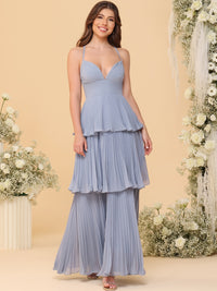 Sheath/Column Spaghetti Strap V-Neck Tiered Pleated Floor-Length Bridesmaid Dresses