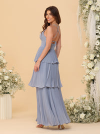 Sheath/Column Spaghetti Strap V-Neck Tiered Pleated Floor-Length Bridesmaid Dresses