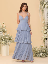 Sheath/Column Spaghetti Strap V-Neck Tiered Pleated Floor-Length Bridesmaid Dresses