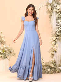 A-Line/Princess Sweetheart Neck Cap Sleeve Floor-Length Bridesmaid Dresses with Ruffle