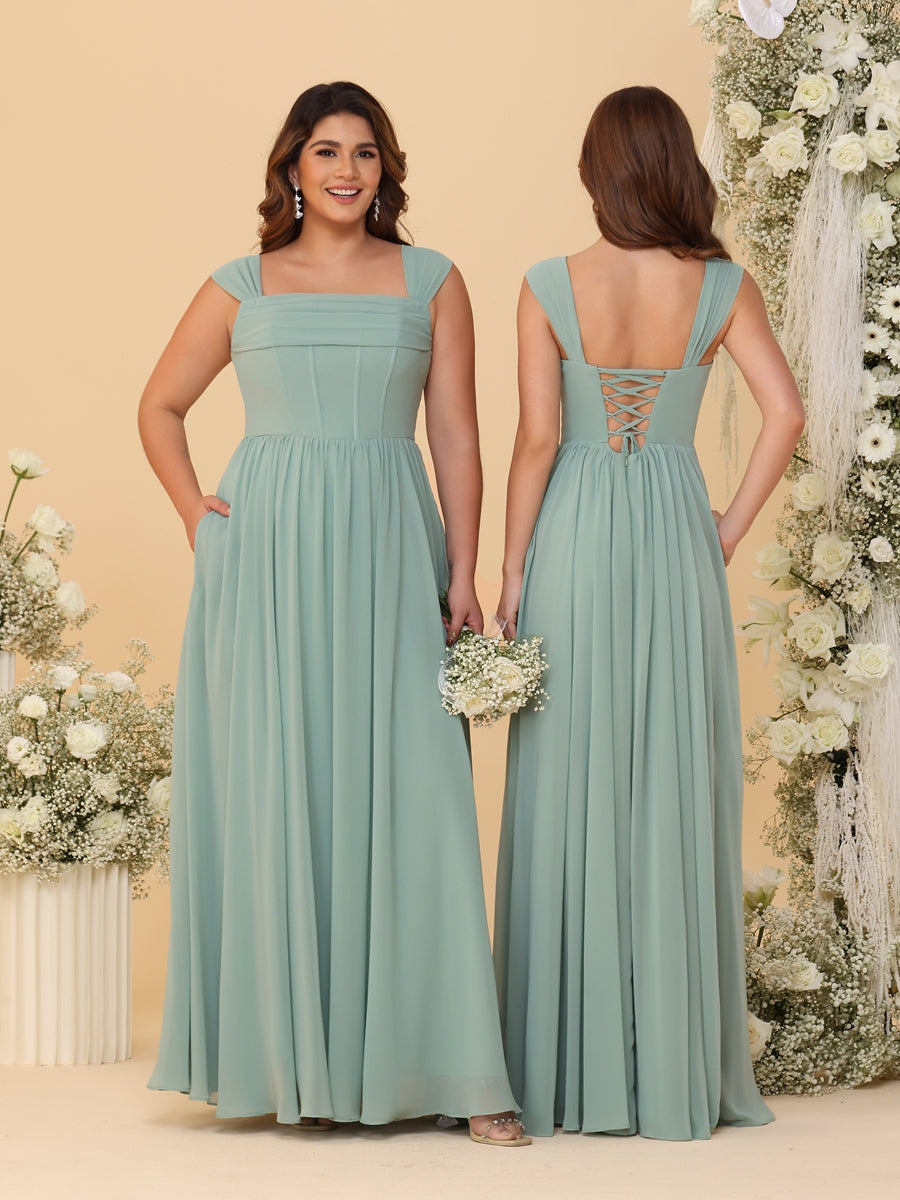 A-Line/Princess Square Neck Off Shoulder Floor-Length Bridesmaid Dresses