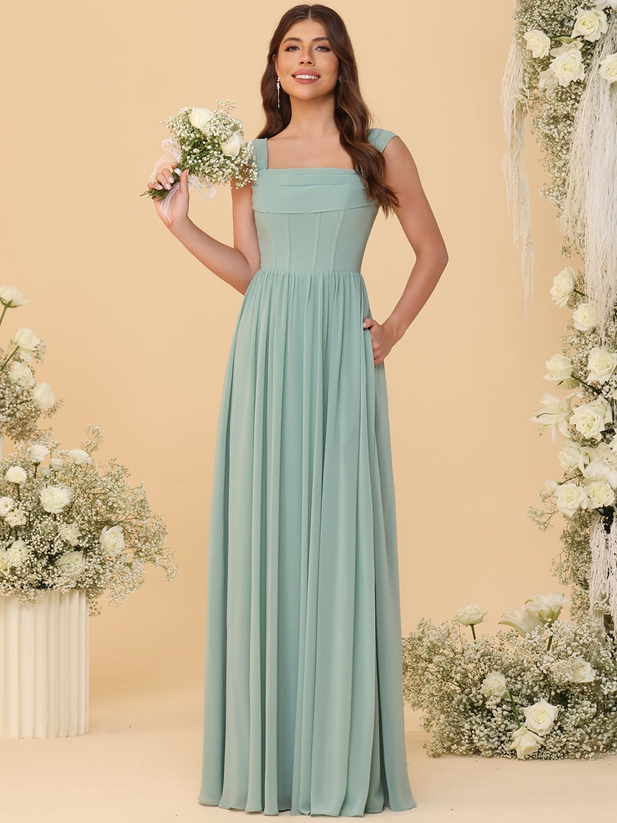 A-Line/Princess Square Neck Off Shoulder Floor-Length Bridesmaid Dresses
