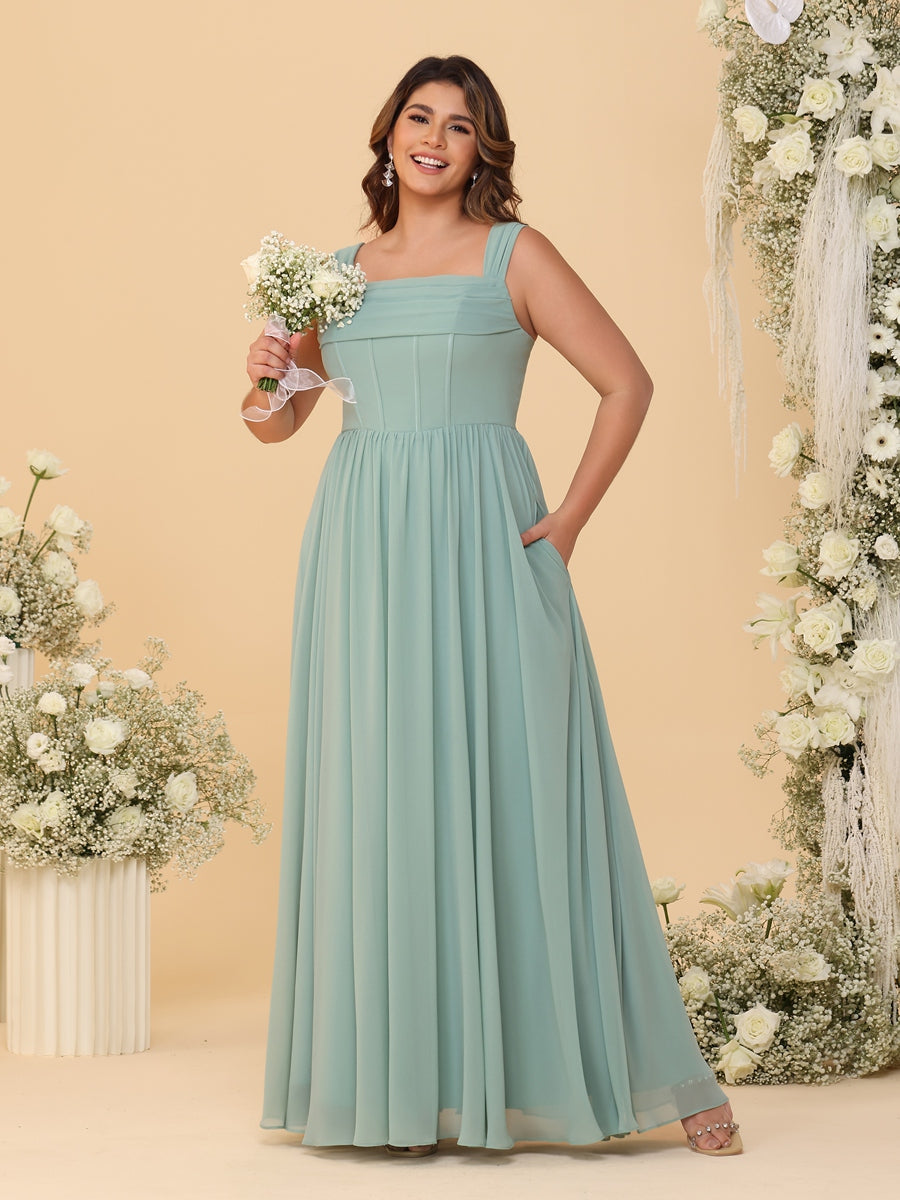 A-Line/Princess Square Neck Off Shoulder Floor-Length Bridesmaid Dresses