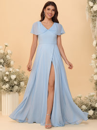 A-Line/Princess V-Neck Cap Sleeve Floor-Length Bridesmaid Dresses with Slit