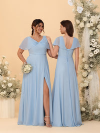 A-Line/Princess V-Neck Cap Sleeve Floor-Length Bridesmaid Dresses with Slit