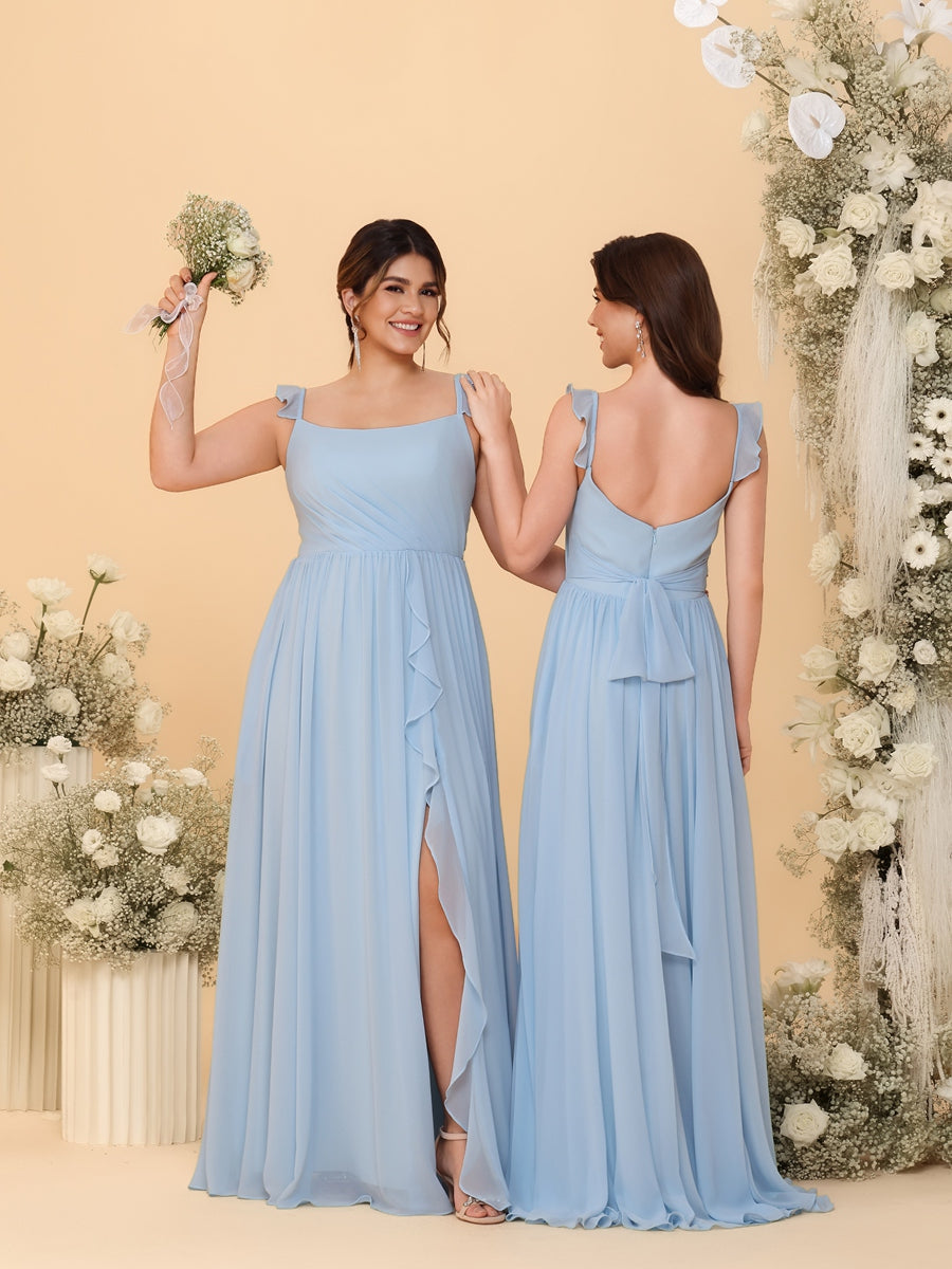 A-Line/Princess Square Neck Flying Sleeve Ruched Floor-Length Bridesmaid Dresses with Ruffle Slit