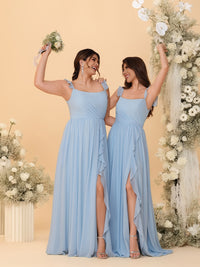 A-Line/Princess Square Neck Flying Sleeve Ruched Floor-Length Bridesmaid Dresses with Ruffle Slit