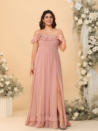 A-Line/Princess Cold Shoulder Tiered Sleeve Floor-Length Bridesmaid Dresses with Flower