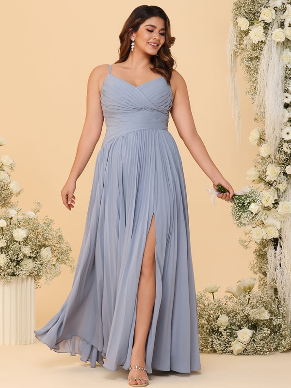 A-Line/Princess V-Neck Floor-Length Bridesmaid Dresses with Pleated Chiffon