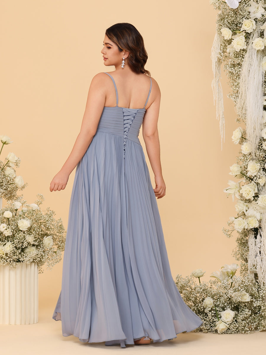 A-Line/Princess V-Neck Floor-Length Bridesmaid Dresses with Pleated Chiffon