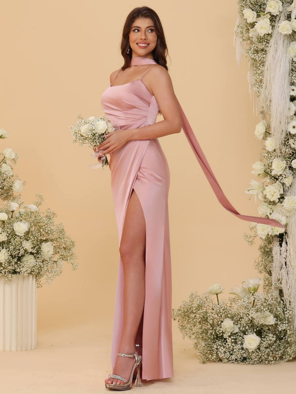 Sheath/Column Spaghetti Strap Ruched Floor-Length Bridesmaid Dresses with Scarf
