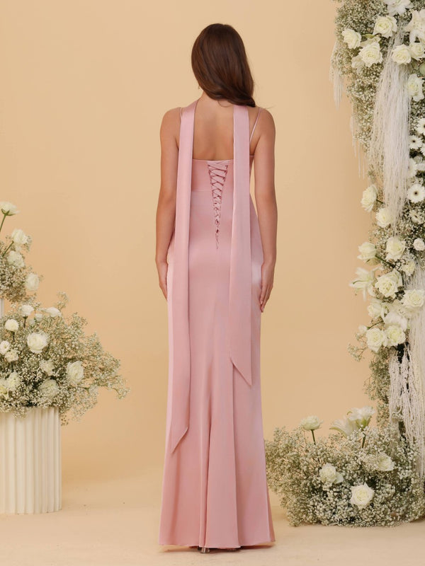 Sheath/Column Spaghetti Strap Ruched Floor-Length Bridesmaid Dresses with Scarf