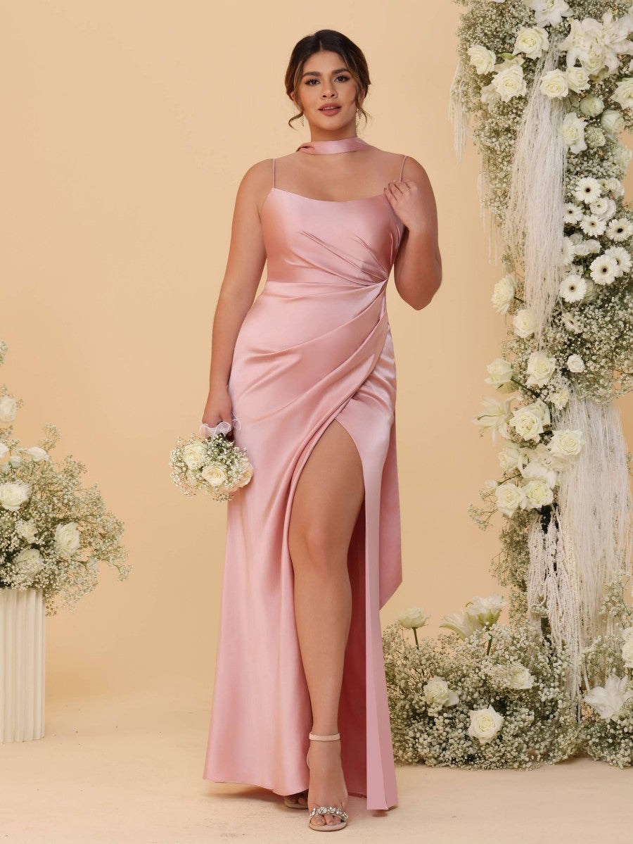 Sheath/Column Spaghetti Strap Ruched Floor-Length Bridesmaid Dresses with Scarf