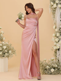 Sheath/Column Spaghetti Strap Ruched Floor-Length Bridesmaid Dresses with Scarf