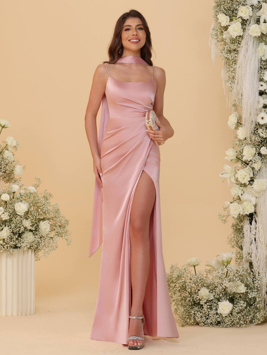 Sheath/Column Spaghetti Strap Ruched Floor-Length Bridesmaid Dresses with Scarf