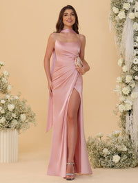 Sheath/Column Spaghetti Strap Ruched Floor-Length Bridesmaid Dresses with Scarf