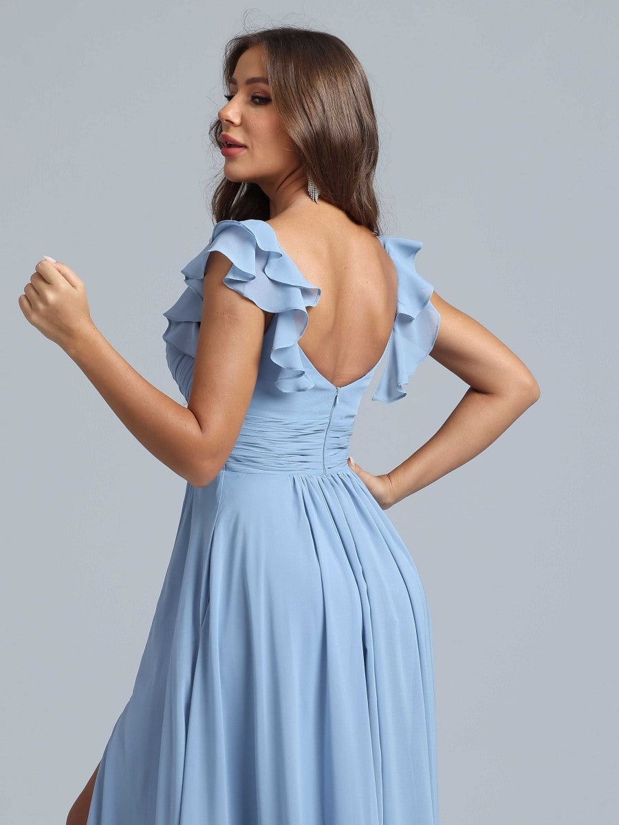 A-Line/Princess V-Neck Pleated Floor-Length Bridesmaid Dresses with Tiered Sleeve