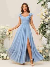 A-Line/Princess V-Neck Pleated Floor-Length Bridesmaid Dresses with Tiered Sleeve