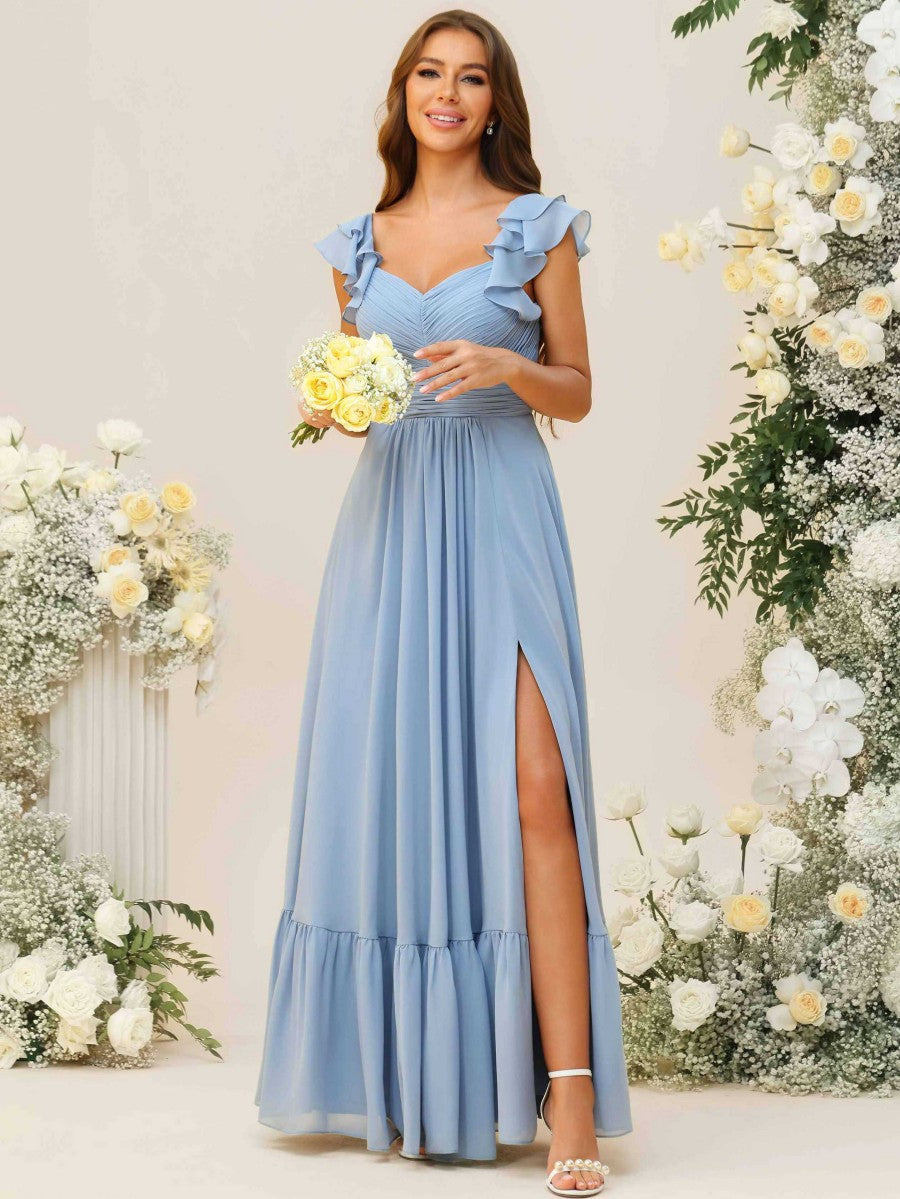 A-Line/Princess V-Neck Pleated Floor-Length Bridesmaid Dresses with Tiered Sleeve