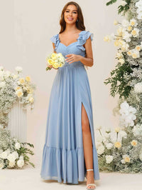 A-Line/Princess V-Neck Pleated Floor-Length Bridesmaid Dresses with Tiered Sleeve