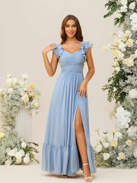 A-Line/Princess V-Neck Pleated Floor-Length Bridesmaid Dresses with Tiered Sleeve