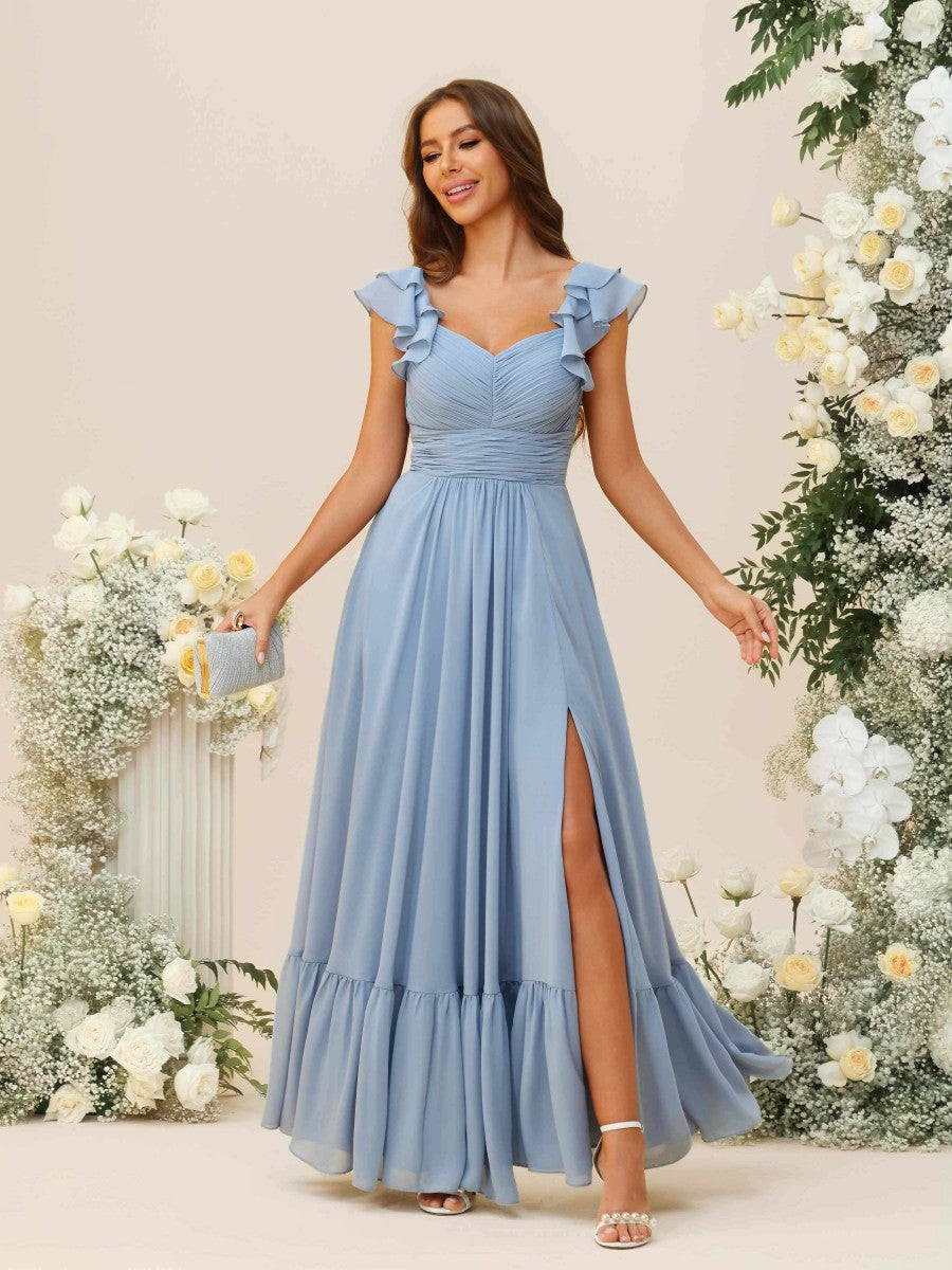 A-Line/Princess V-Neck Pleated Floor-Length Bridesmaid Dresses with Tiered Sleeve