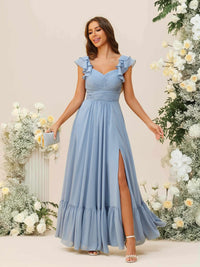 A-Line/Princess V-Neck Pleated Floor-Length Bridesmaid Dresses with Tiered Sleeve