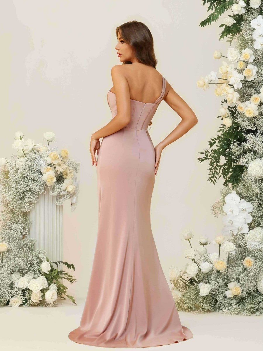 Sheath/Column One Sleeve Strapless Floor-Length Bridesmaid Dresses with Ruched Slit