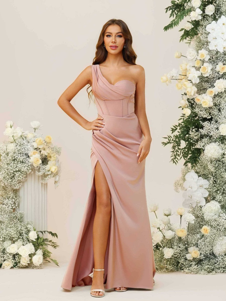 Sheath/Column One Sleeve Strapless Floor-Length Bridesmaid Dresses with Ruched Slit
