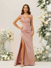 Sheath/Column One Sleeve Strapless Floor-Length Bridesmaid Dresses with Ruched Slit