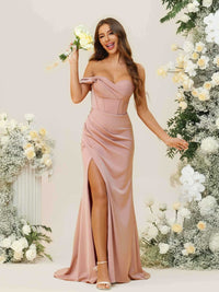 Sheath/Column One Sleeve Strapless Floor-Length Bridesmaid Dresses with Ruched Slit