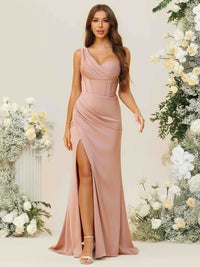 Sheath/Column One Sleeve Strapless Floor-Length Bridesmaid Dresses with Ruched Slit