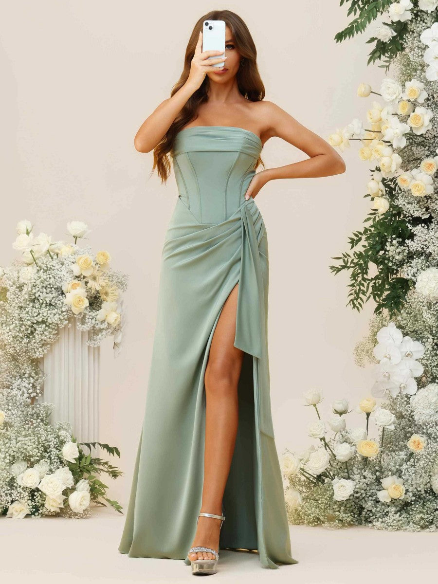 A-Line/Princess Strapless Ruched Floor-Length Bridesmaid Dresses with Ruffle