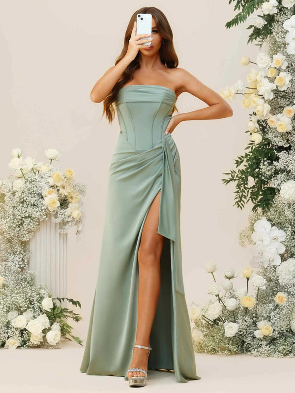 A-Line/Princess Strapless Ruched Floor-Length Bridesmaid Dresses with Ruffle