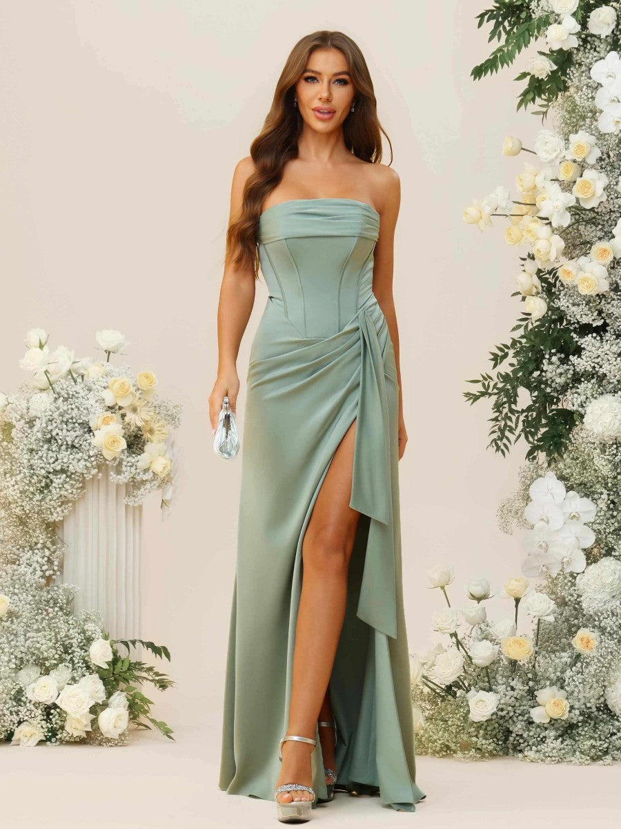 A-Line/Princess Strapless Ruched Floor-Length Bridesmaid Dresses with Ruffle