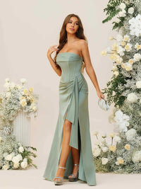 A-Line/Princess Strapless Ruched Floor-Length Bridesmaid Dresses with Ruffle