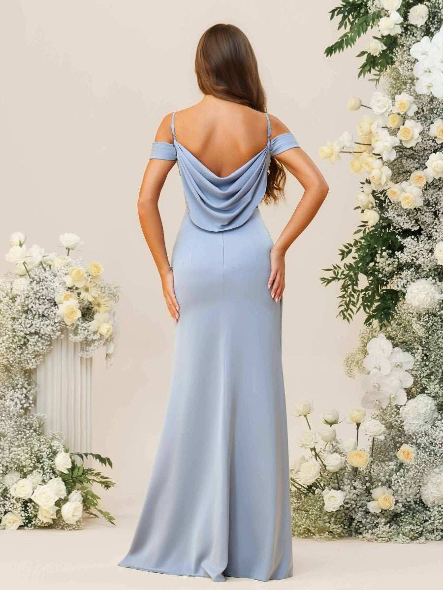 Sheath/Column Off Shoulder Cowl Neck Ruched Floor-Length Bridesmaid Dresses