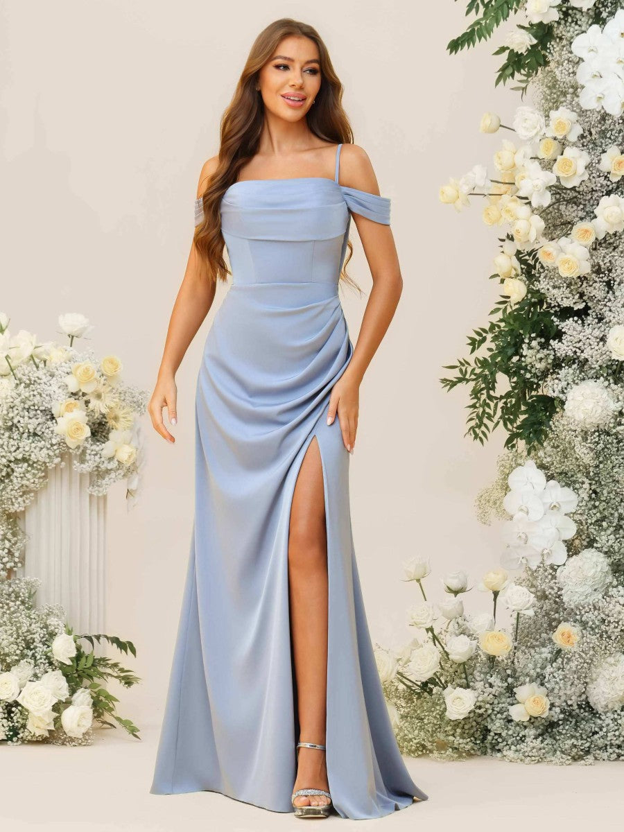 Sheath/Column Off Shoulder Cowl Neck Ruched Floor-Length Bridesmaid Dresses