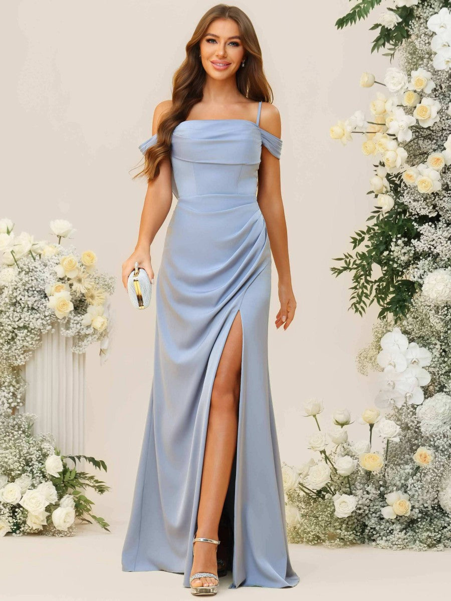 Sheath/Column Off Shoulder Cowl Neck Ruched Floor-Length Bridesmaid Dresses