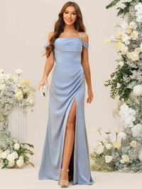 Sheath/Column Off Shoulder Cowl Neck Ruched Floor-Length Bridesmaid Dresses