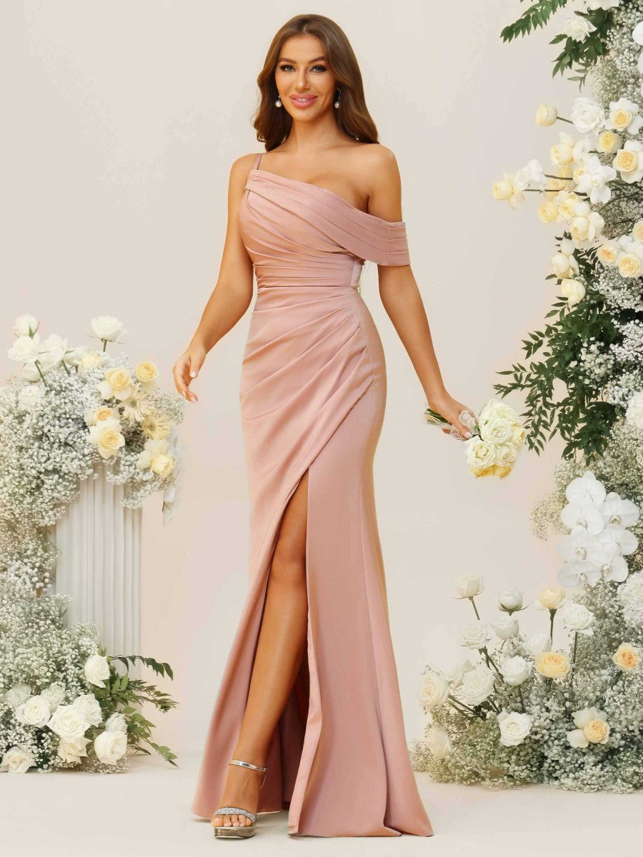 Sheath/Column Ruched Asymmetrical Floor-Length Bridesmaid Dresses with Satin