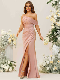 Sheath/Column Ruched Asymmetrical Floor-Length Bridesmaid Dresses with Satin