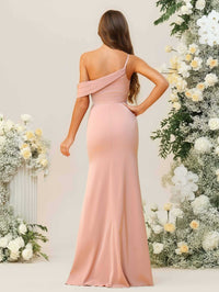 Sheath/Column Ruched Asymmetrical Floor-Length Bridesmaid Dresses with Satin